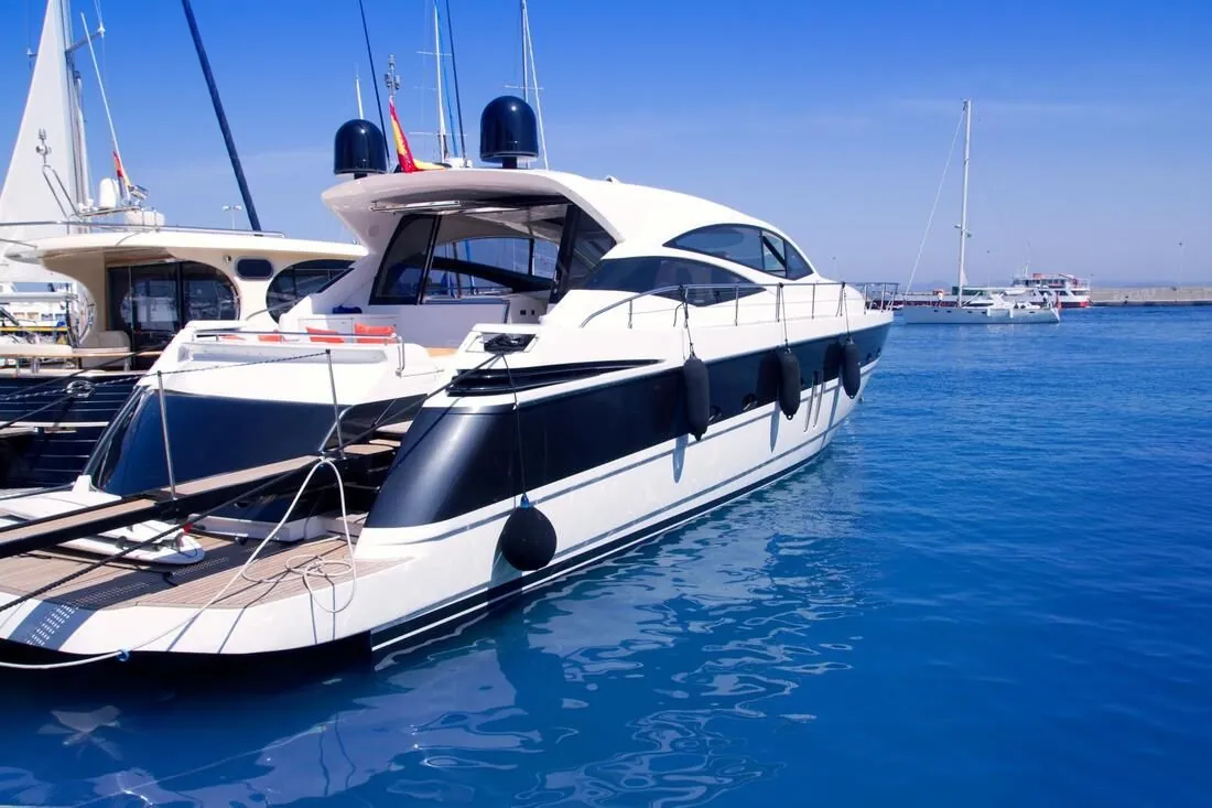 Motor yacht with a fiberglass hull at a Florida Keys marina