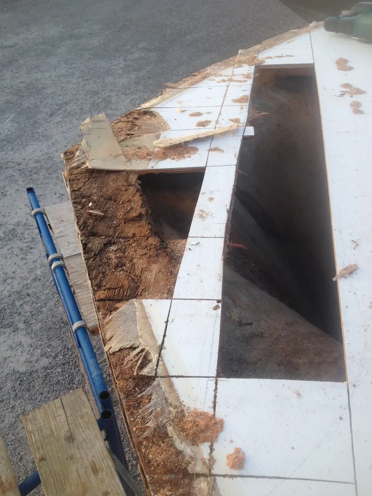 Rotten foredeck opened up on a 53-foot Blackwell, showing decayed deck structure