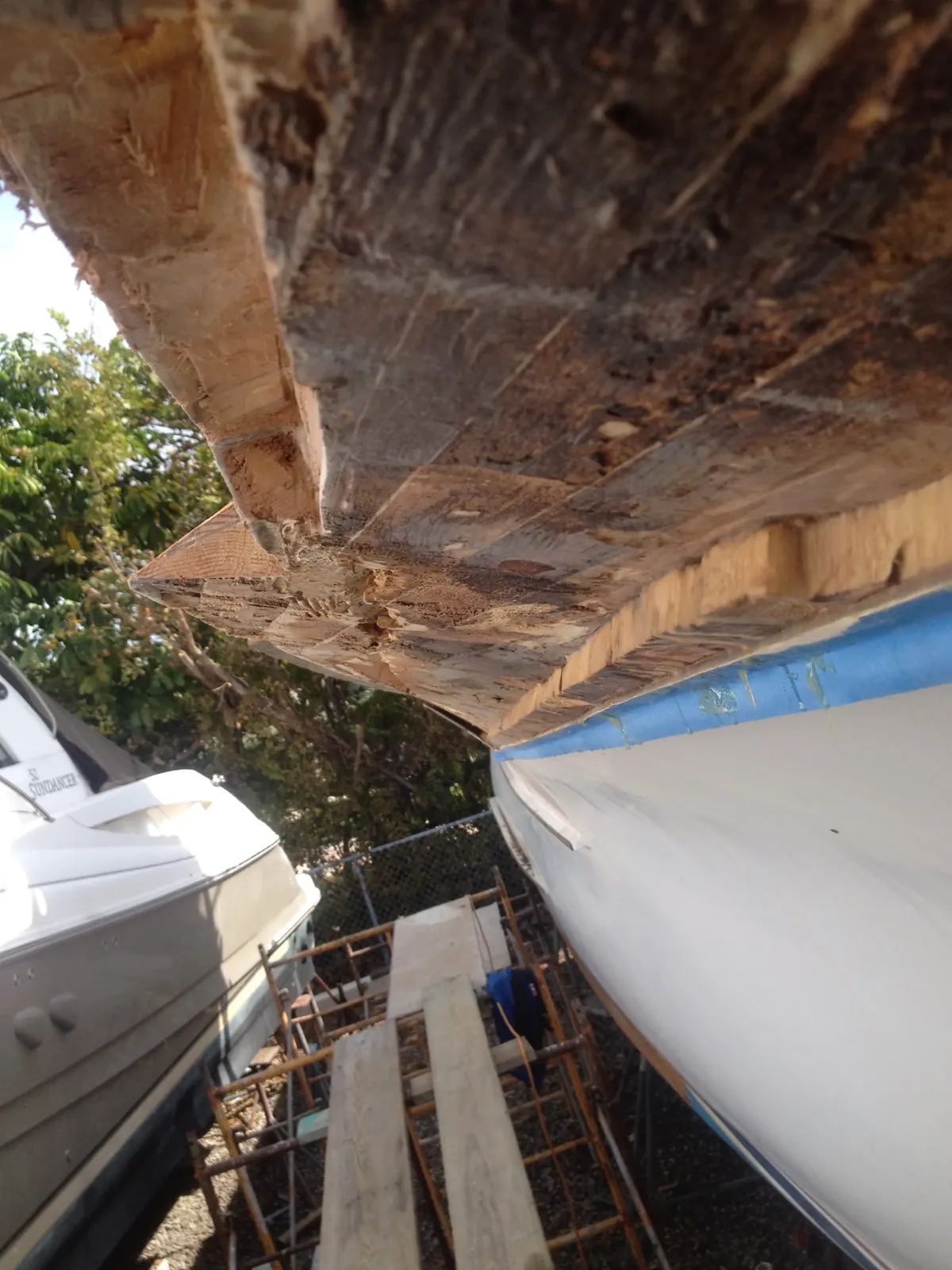 Rotten core exposed on the underside of a 53-foot Blackwell's starboard side deck