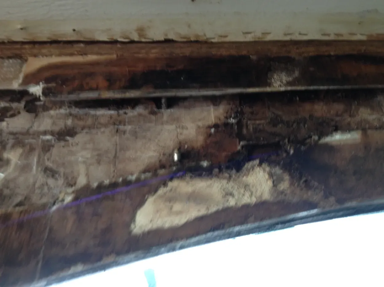 Wet, rotted cabin-side core exposed on a 47-foot Buddy Davis