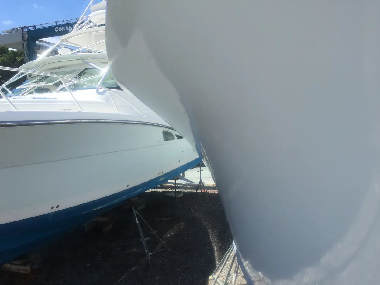Restored hull-to-deck joint on a 45-foot Rybovich sport fisherman